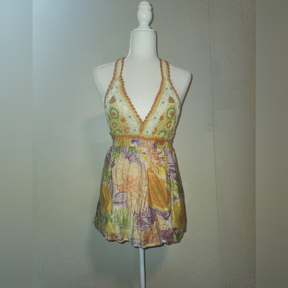 Vintage Y2k Crochet Floral Festival Babydoll Fairy Halter Top Medium M EUC